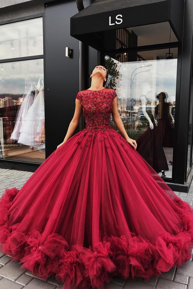 Buy Red Tulle Appliques Ball Gown Round Neck Prom Dress Sweet 16 Dresses Quinceanera Dresses WK464 Online WikiProm