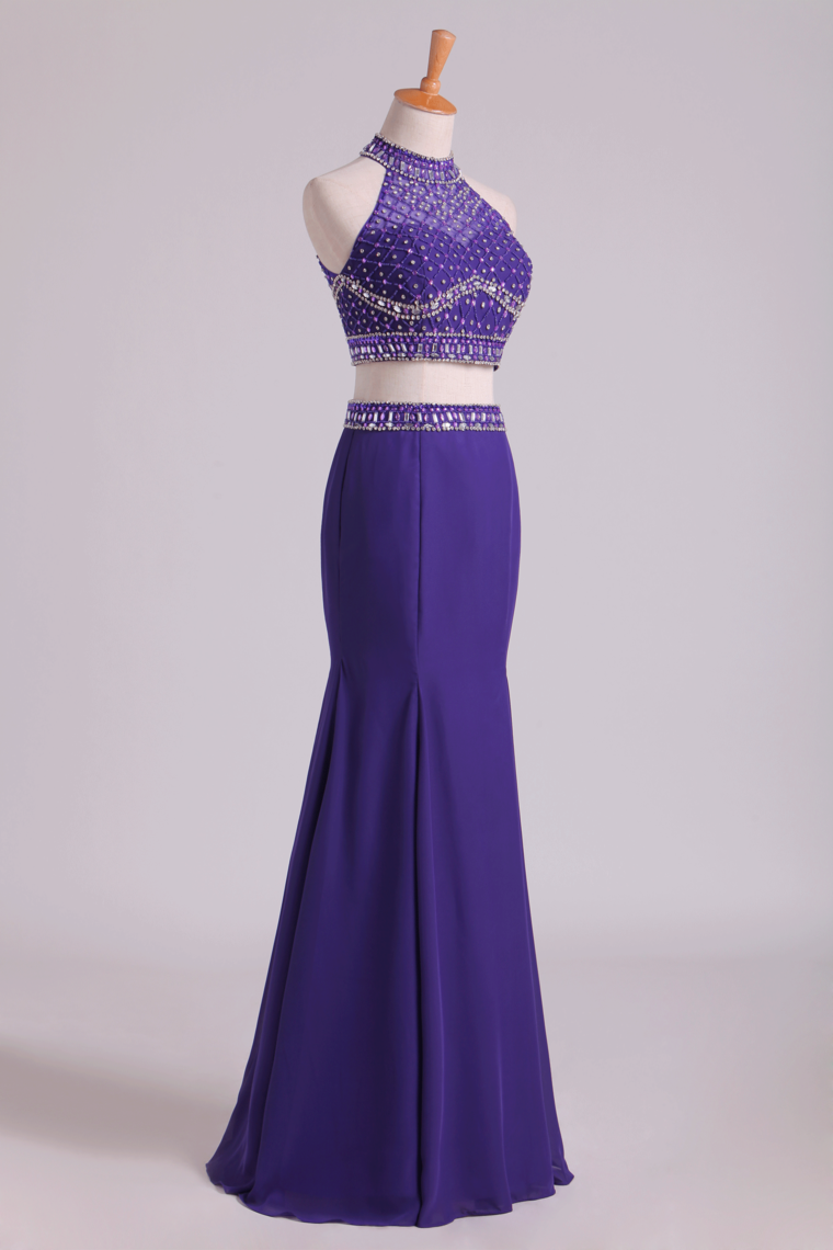 Prom Dresses Halter Two-Piece Beaded Bodice Mermaid Open Back Spandex & Tulle Floor Length