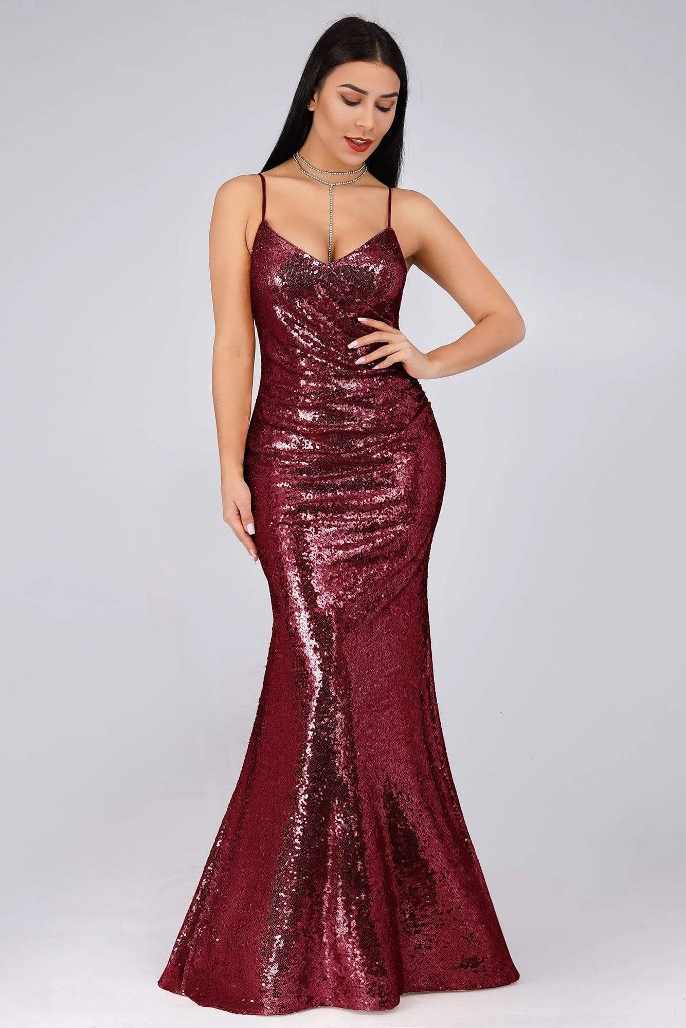 Sexy Spaghetti Straps Burgundy Sequins V Neck Party Dresses Mermaid Prom Dresses SRS15358