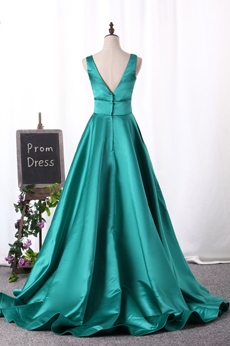 2024 A Line Evening Dresses V Neck Satin Sweep Train Open Back