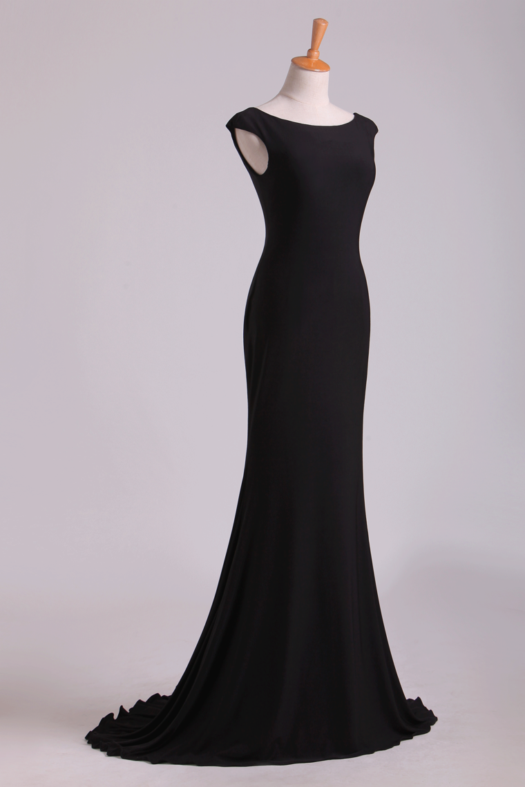 Black Mermaid Evening Dresses Bateau Chiffon Sweep Train Open Back