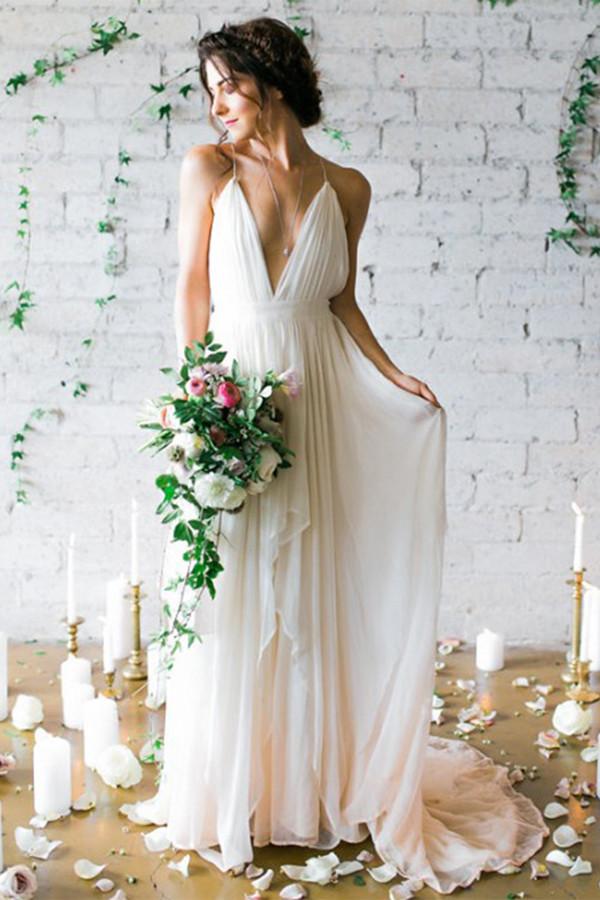 Chic Spaghetti Straps Backless V Neck Floor Length Wedding Dresses