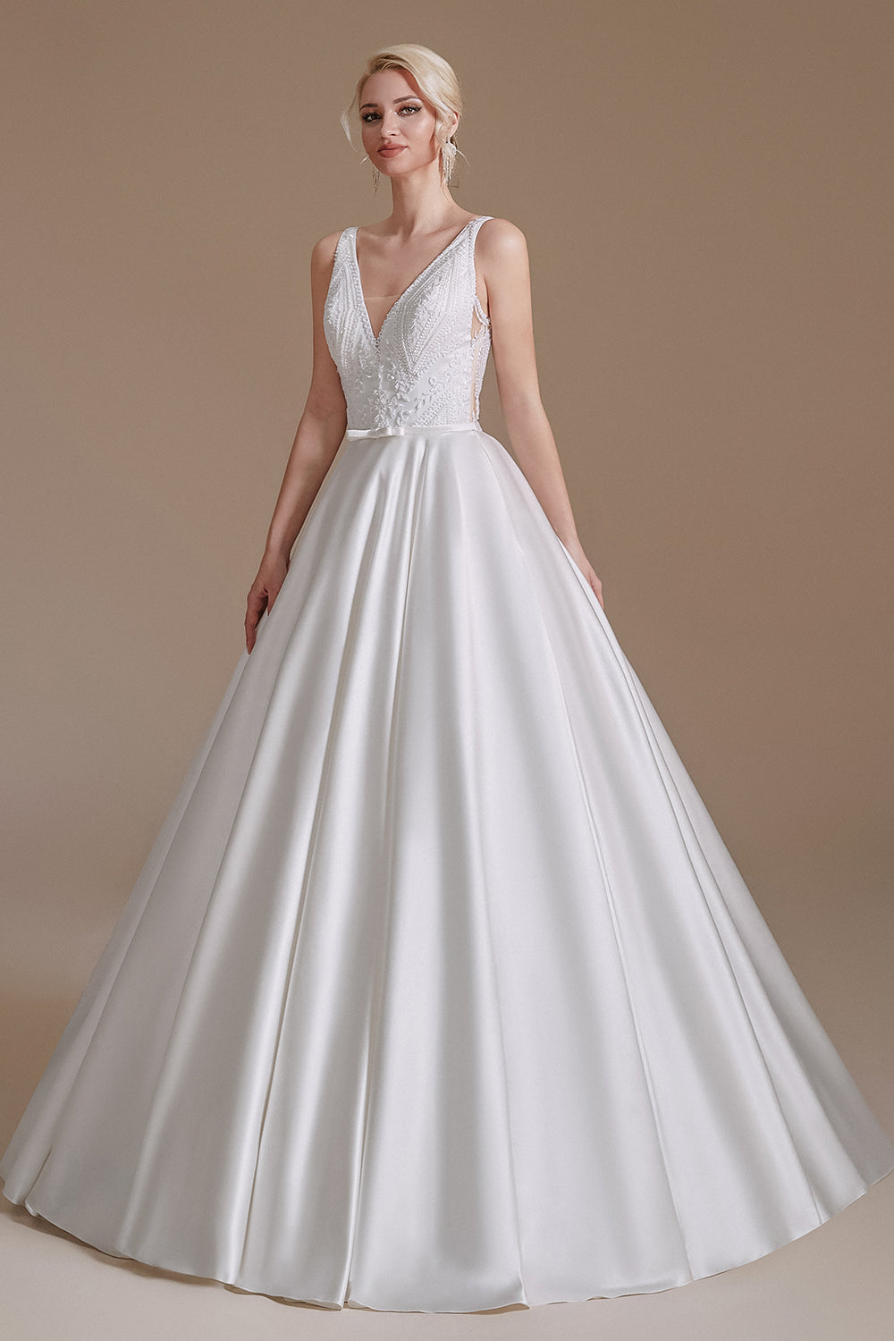 A-Line Elegant Sleeveless Stain Long Length Wedding Dresses