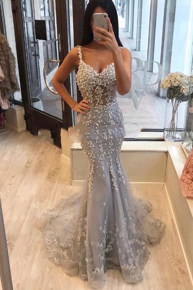 Unique Spaghetti Straps Mermaid Grey V-neck Prom Dresses with Applique SWK15467