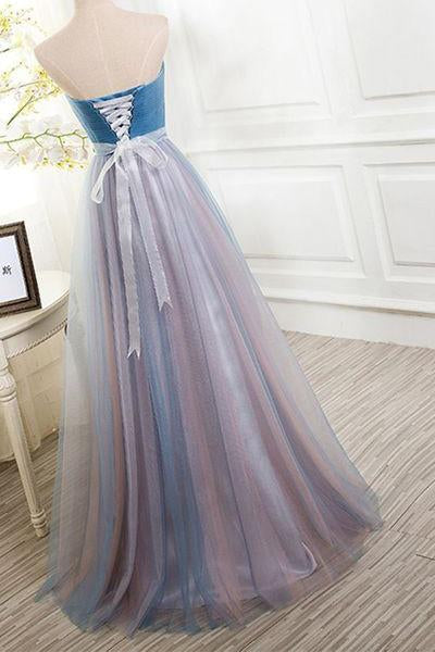 Elegant Tulle Long Vintage Sleeveless Sweetheart Strapless Blue Lace-up Prom Dresses WK778