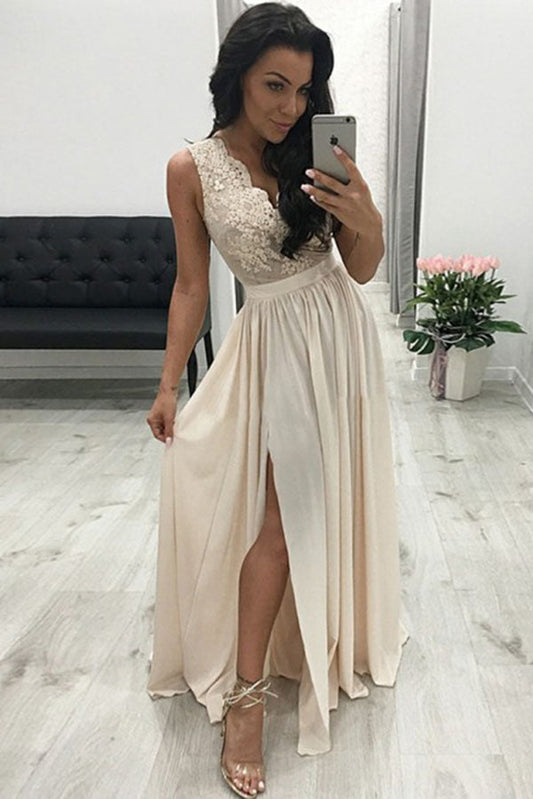 Luxury V Neck Sleeveless Chiffon Appliques With Split Prom Dresses