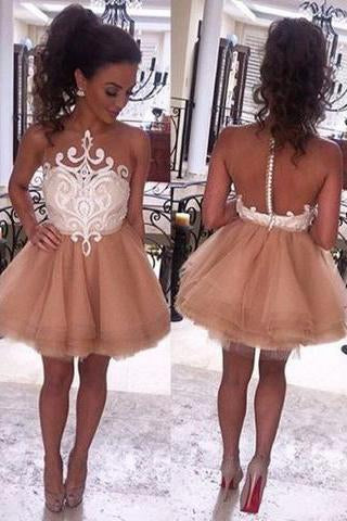 Modern Illusion Neck Sleeveless Short Champagne Prom Dresses WK588