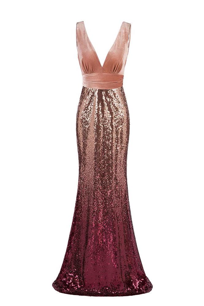 Sexy Sequins Mermaid V Neck Burgundy Velvet Long Prom Dresses Backless Evening Dress SWK15352