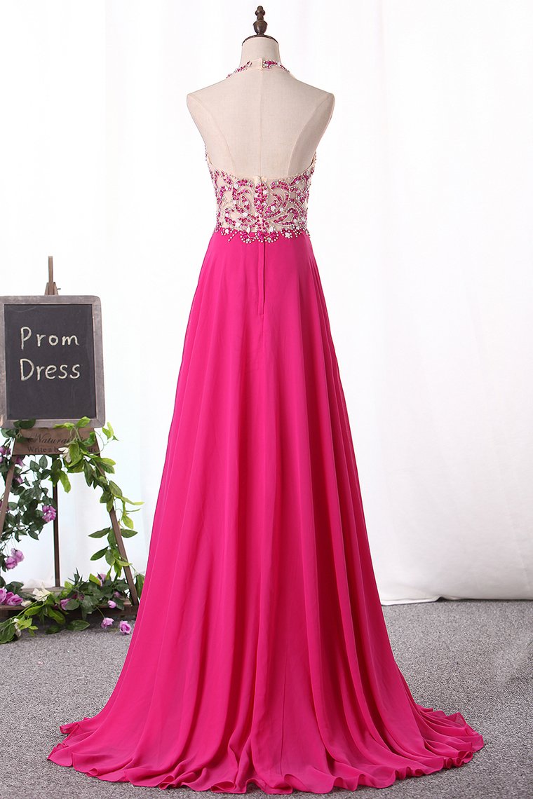 Halter Prom Dresses A Line Chiffon Beaded Bodice Sweep/Brush Train