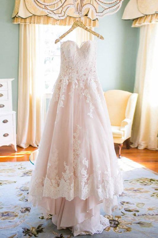 Pink A Line Court Train Sweetheart Sleeveless Mid Back Long Wedding Dresses