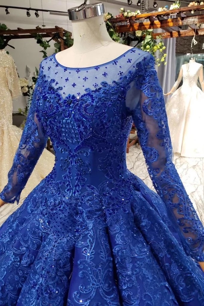 Elegant Royal Blue Long Sleeves Ball Gown Lace up Puffy Quinceanera Dress with Appliques P1136