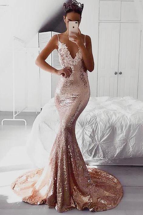 Rose Gold Sequins Mermaid Prom Dresses, Backless Evening Dresses