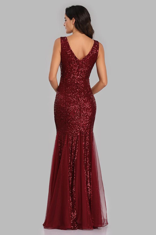 Sexy Burgundy Tulle V Neck Mermaid Sequin Prom Dresses, Evening Party Dresses SWK15332