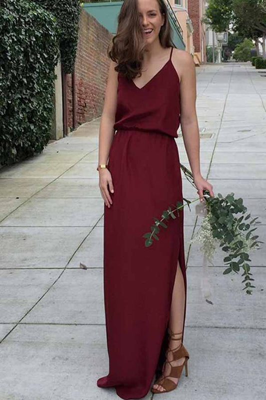 Chic Burgundy Spaghetti Straps Chiffon With Split Side Bridesmaid Dresses