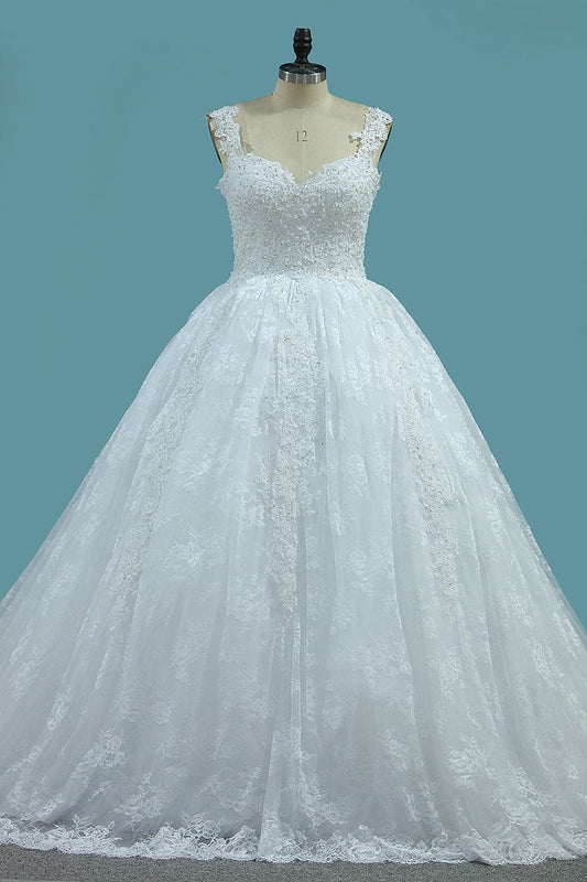 Straps Tulle Ball Gown Wedding Dresses With Applique Chapel Train