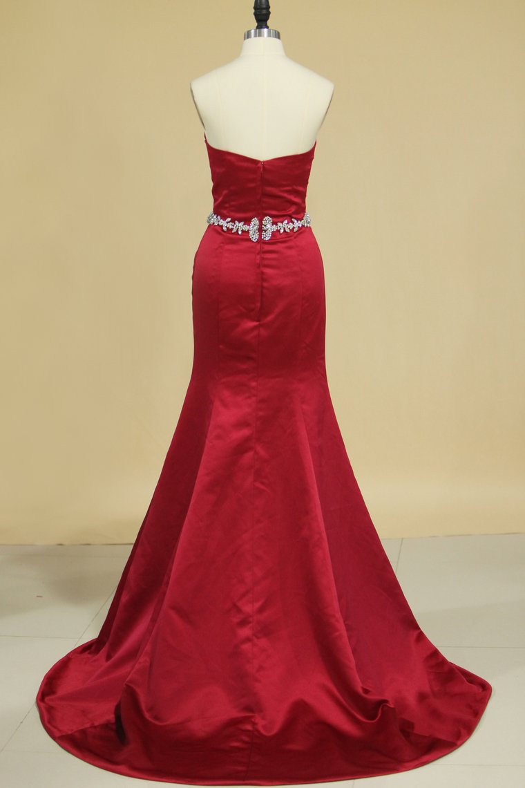 Satin Sweetheart Evening Dresses Beaded Waistline Sweep Train Mermaid