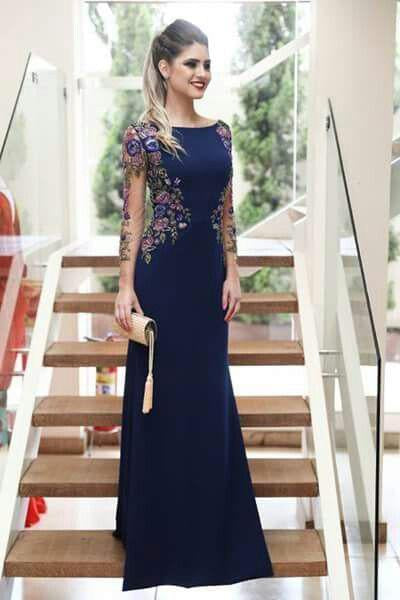 Mermaid Long Sleeves Navy Blue Scoop Prom Dresses Long Formal SWK12796