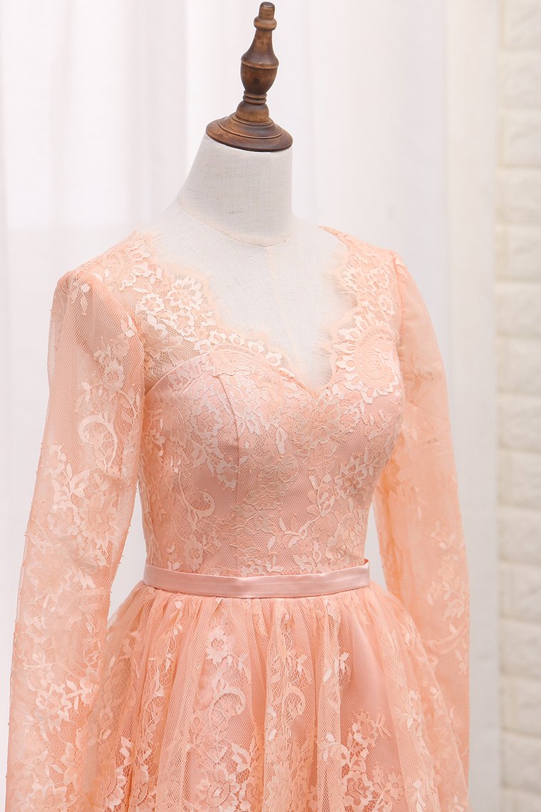 A Line V Neck Long Sleeves Lace Homecoming Dresses With Sash