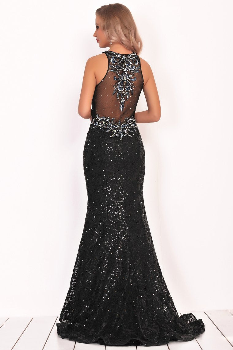 Scoop Lace With Beading Mermaid Sweep Train Prom Dresses