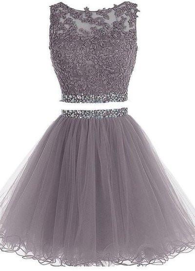 Two Piece Open Back Scoop Beads Sleeveless Grey Tulle A-Line Homecoming Dress I1012