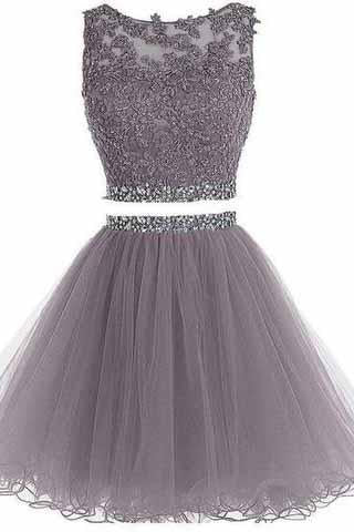 Two Piece Open Back Scoop Beads Sleeveless Grey Tulle A-Line Homecoming Dress I1012