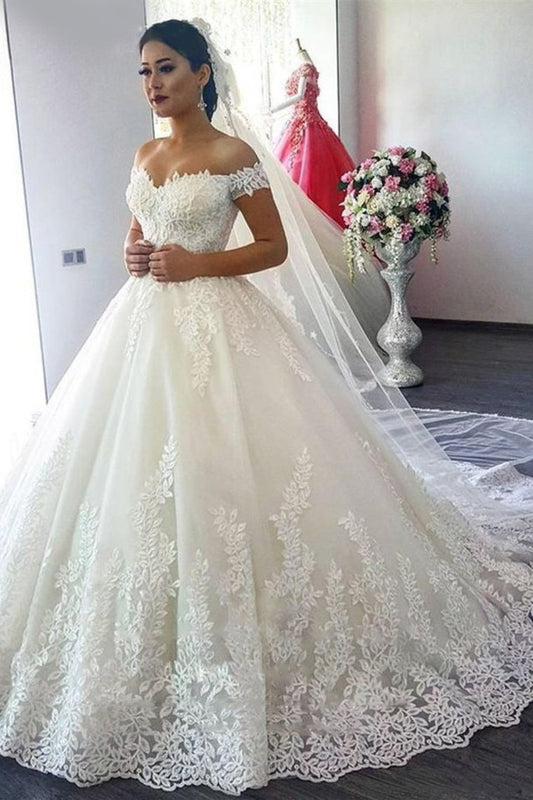 Off The Shoulder A Line Wedding Dresses Tulle With Applique Sweep Train