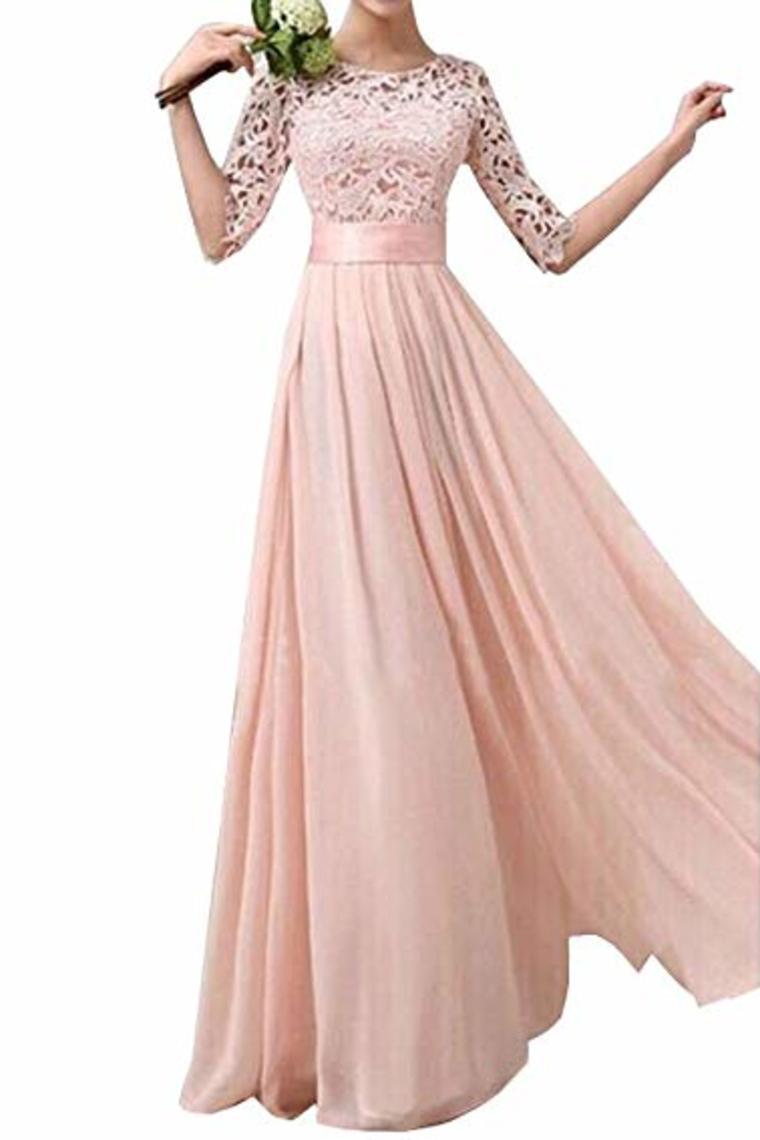 Lace Splice Chiffon Half Sleeve Floor Length Formal Bridesmaid Dresses