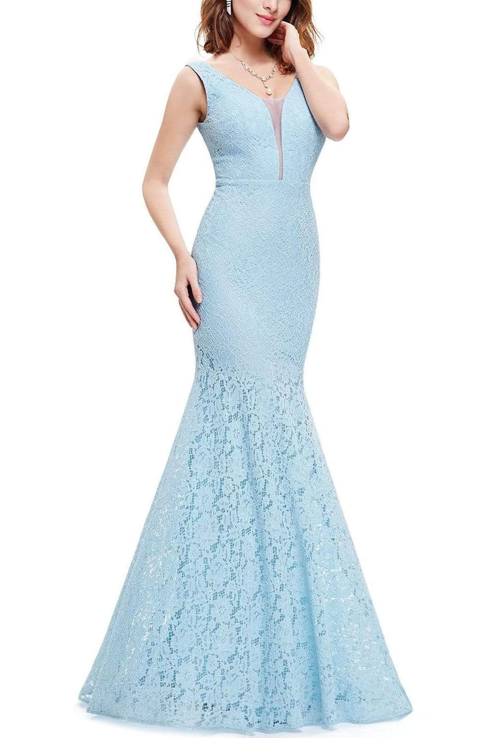 Sexy Fitted Lace Mermaid Blue V Neck Long Prom Dresses Evening Dresses SWK15334