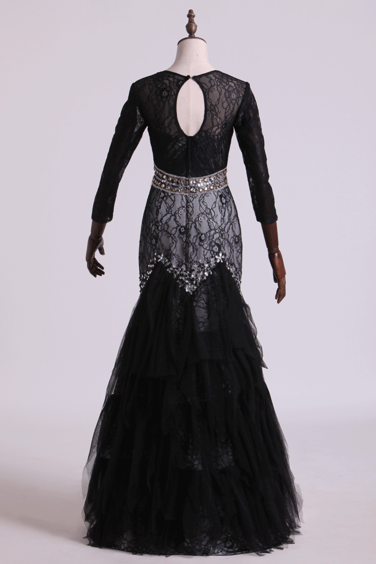 Black Mermaid Evening Dresses Scoop Open Back Long Sleeves Tulle & Lace With Beading