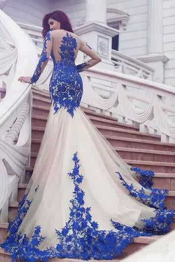 Mermaid Royal Blue Scoop Appliques Tulle Prom Dresses Long Evening SWK20464