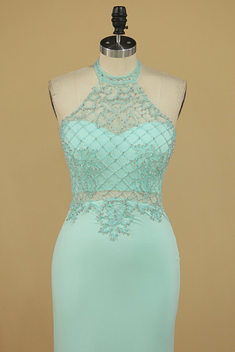 Spandex Mermaid Prom Dresses With Beading Sweep Train