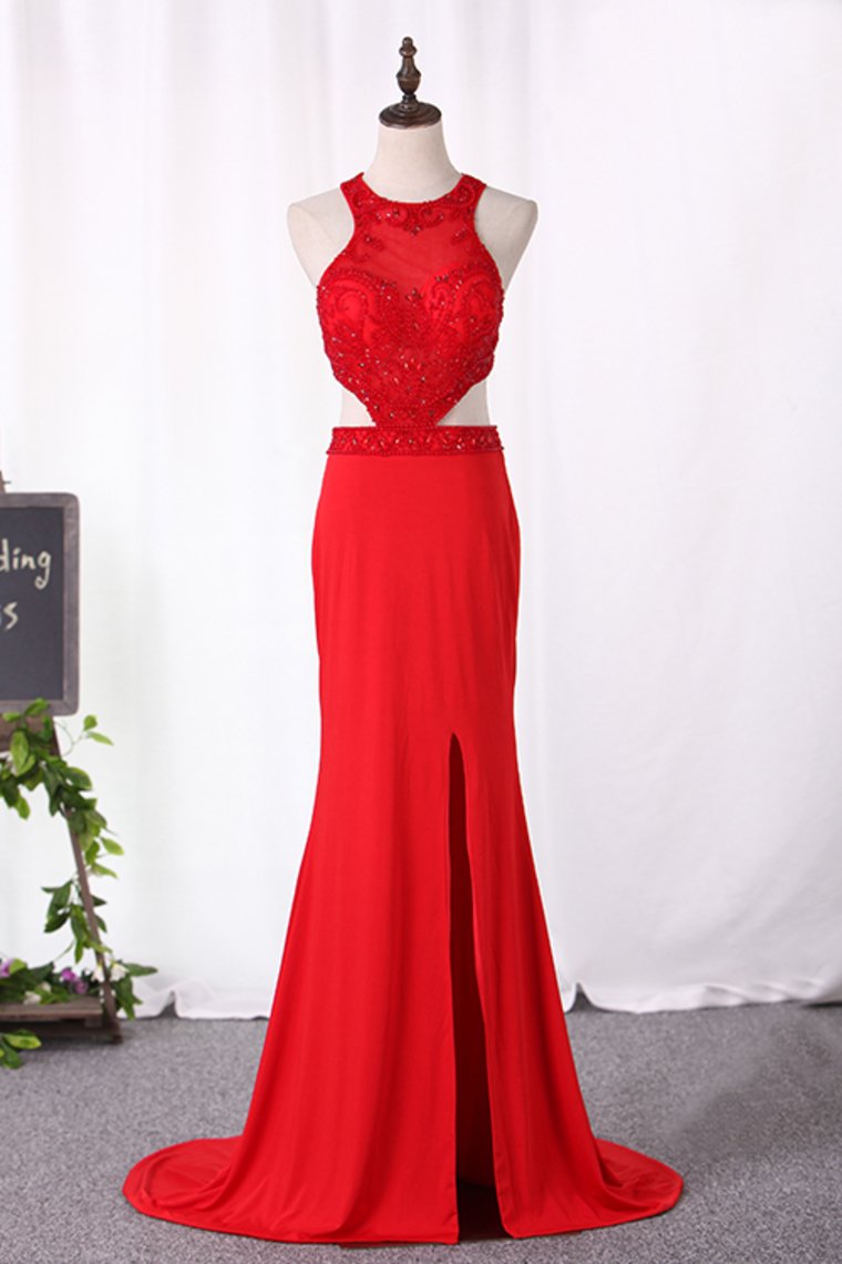 Sexy Open Back Scoop Mermaid Prom Dresses Spandex With Embroidery And Slit