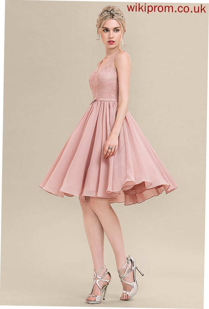 Lace Chiffon A-Line Yadira Homecoming Knee-Length Bow(s) Dress Lace V-neck Homecoming Dresses With