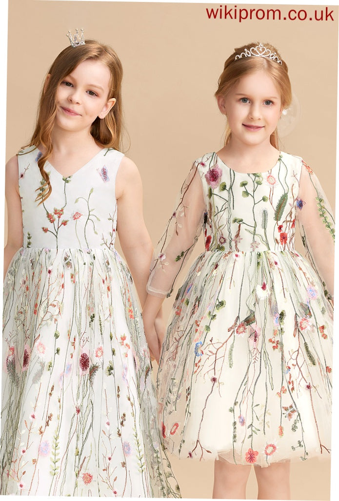 With - Girl V-neck Jacquard Flower Girl Dresses Phoenix Flower(s)/Bow(s) A-Line Flower Floor-length Dress Sleeveless