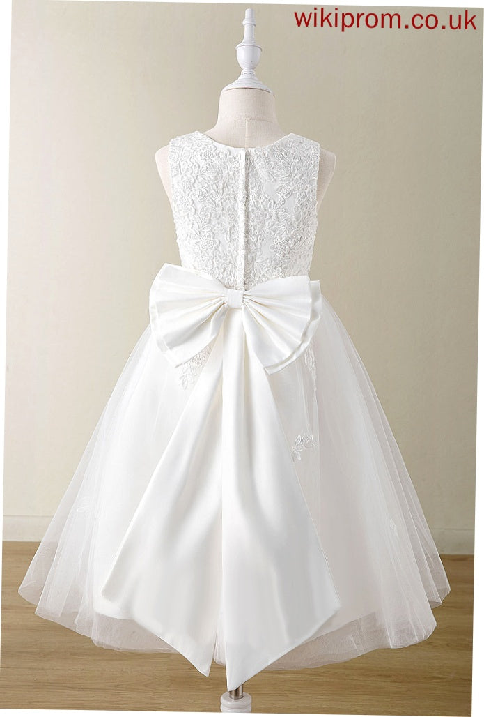 A-Line Scoop Girl Tea-length Bow(s) - Neck Satin/Tulle Flower Girl Dresses With Sleeveless Dress Flower Kali