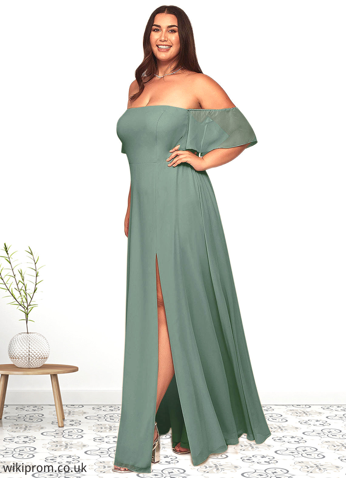 Christina A-Line Off the Shoulder Chiffon Floor-Length Dress SWKP0019614