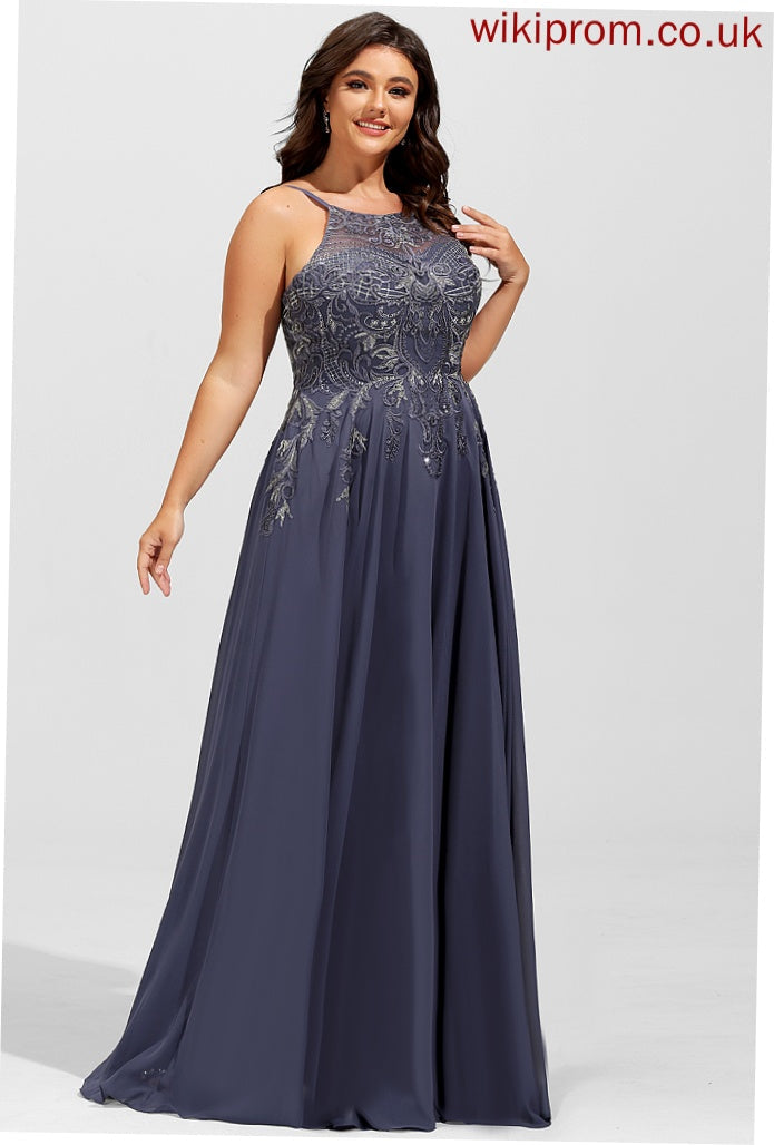 Lace With A-Line Scoop Chiffon Prom Dresses Floor-Length Sequins Kelsie