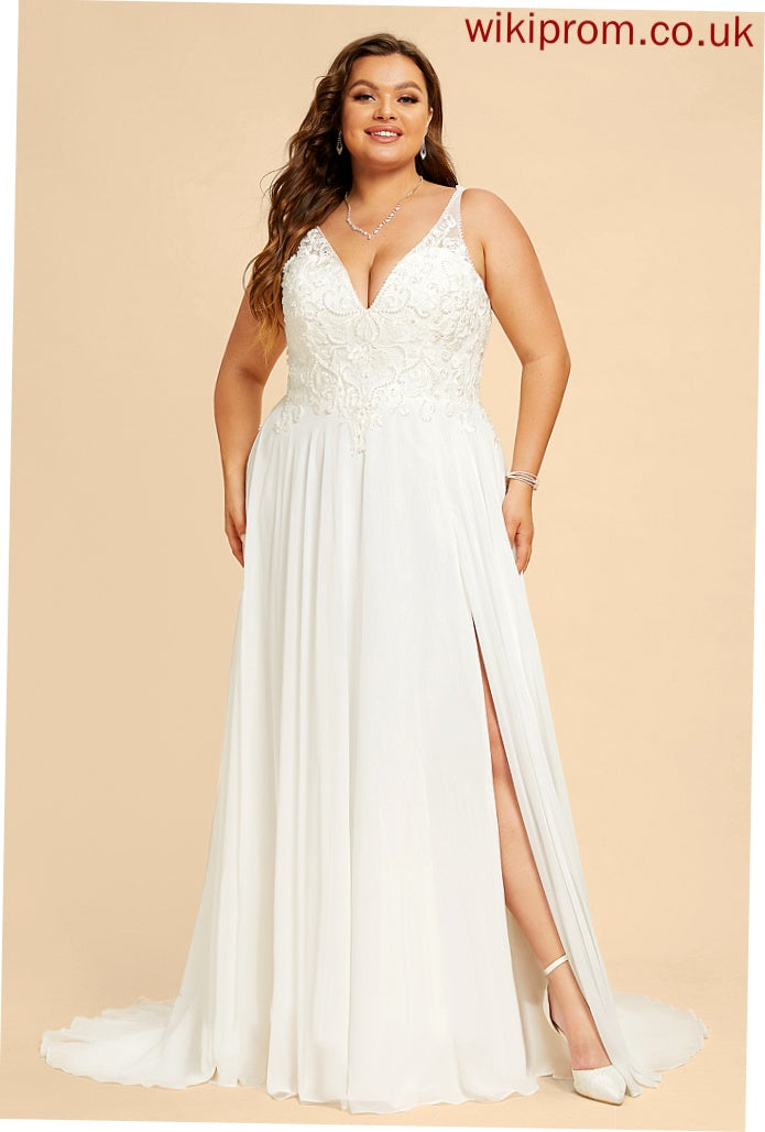 Chiffon Split Train With Wedding Dresses Beading Sweep Cierra A-Line Sequins Wedding Front Dress V-neck Lace