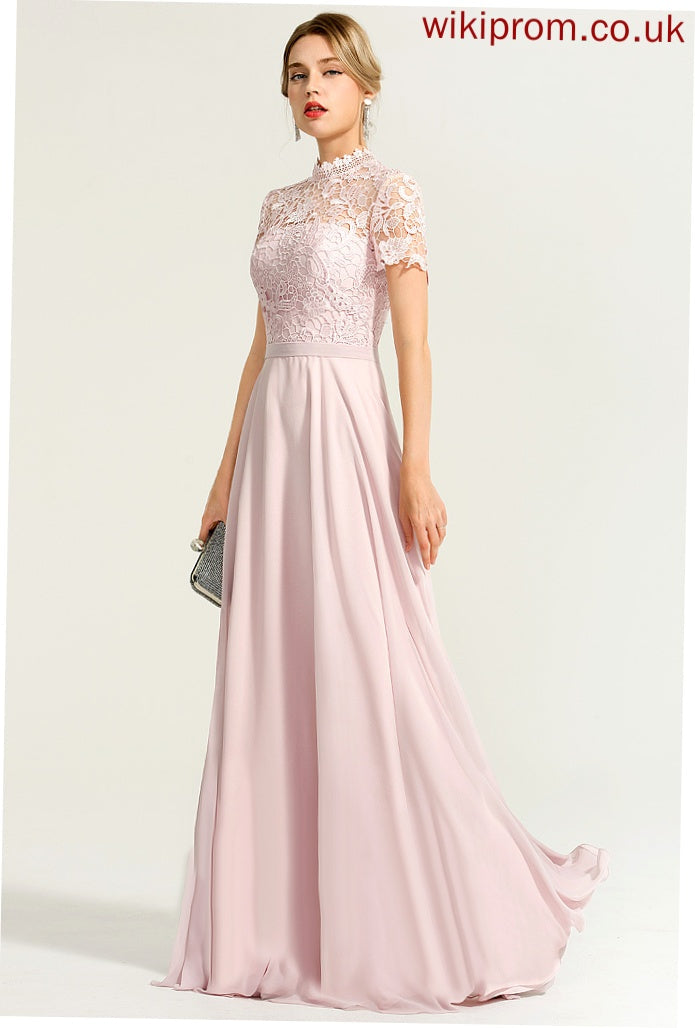 Chiffon Lace Floor-Length Yasmine Prom Dresses Neck High A-Line Illusion