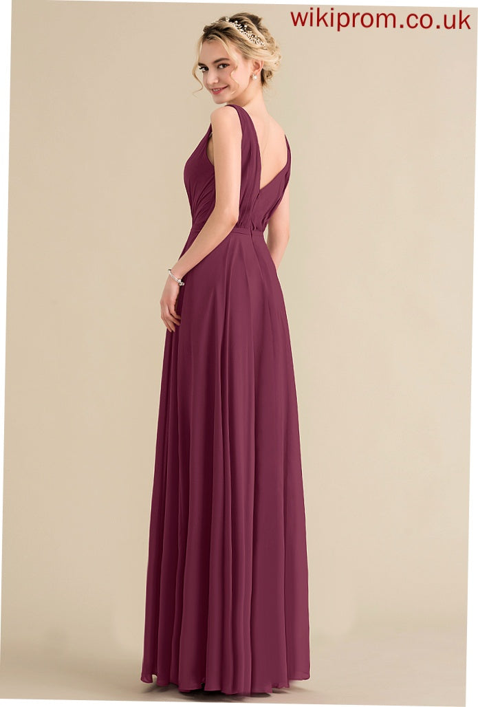 Chiffon A-Line Emelia Pleated Floor-Length Prom Dresses V-neck With