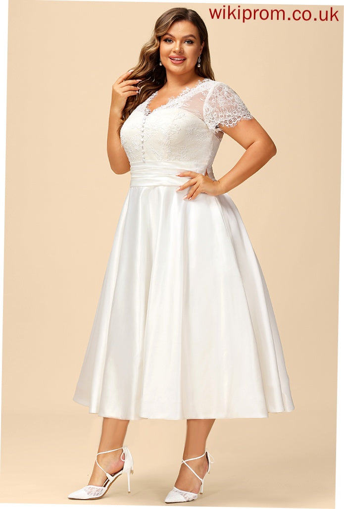 Wedding Tea-Length Sadie Satin Dress Wedding Dresses V-neck A-Line Ruffle With Lace