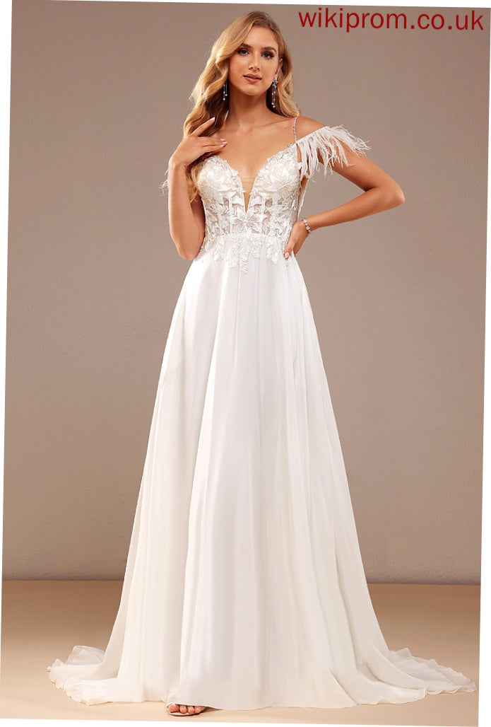 Pockets Evangeline Court Train Feather Lace A-Line Wedding Dresses Sequins V-neck With Wedding Chiffon Dress Beading Lace