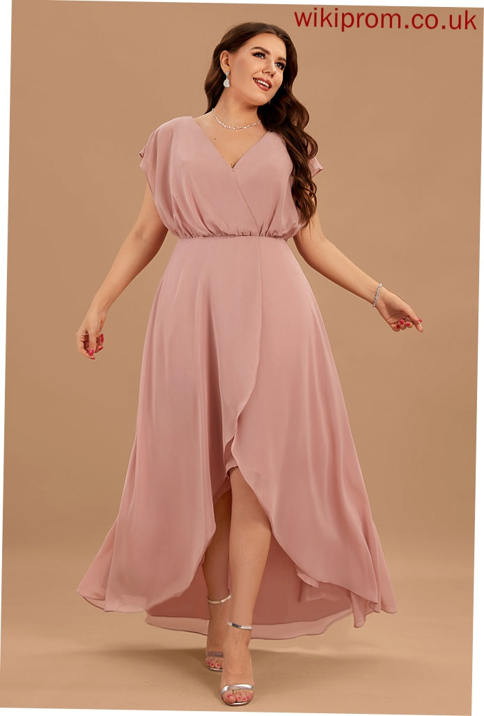 Length SplitFront Neckline Embellishment Fabric Asymmetrical V-neck Silhouette A-Line Janae Short Sleeves Natural Waist Bridesmaid Dresses