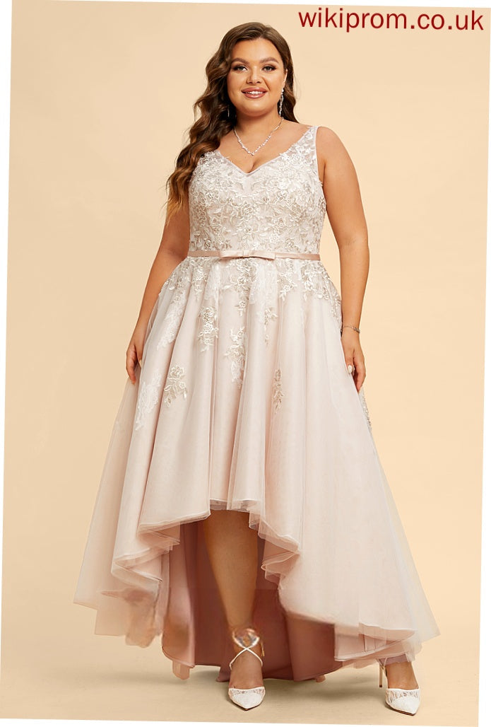 Satin Cassie Wedding A-Line Dress With Tulle Wedding Dresses Asymmetrical V-neck Lace Bow(s)