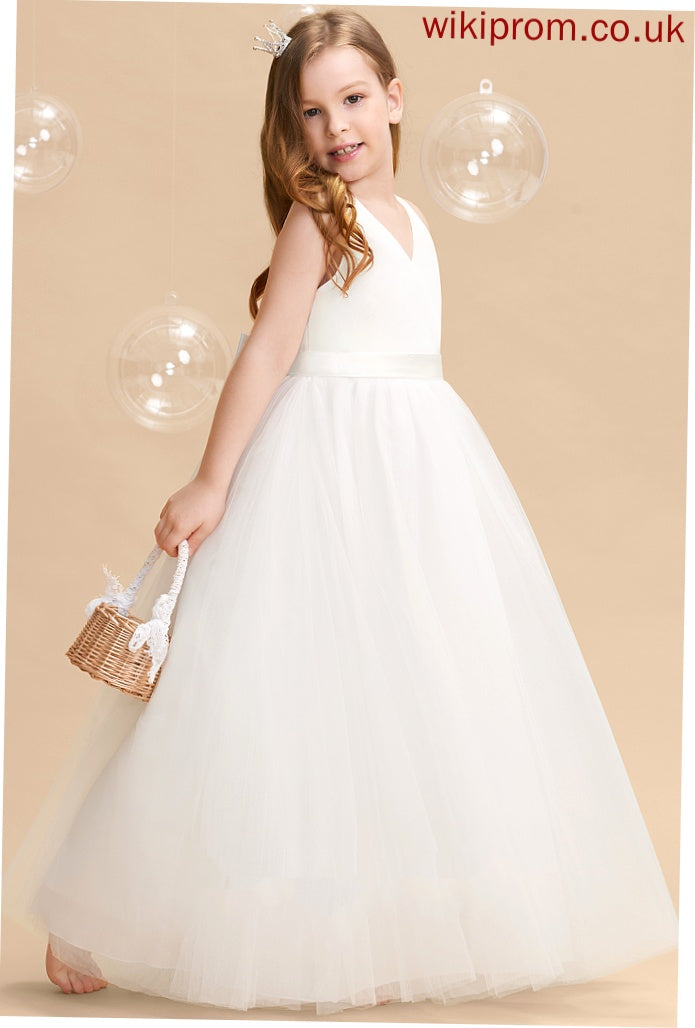 Floor-length Dress Ball-Gown/Princess Sloane V-neck Girl Tulle Back Bow(s)/V With Sleeveless - Flower Flower Girl Dresses