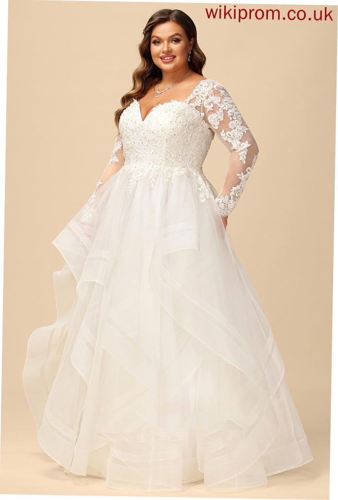 Ball-Gown/Princess Tulle Dress Floor-Length Wedding Dresses Kaila With Sequins Lace Beading V-neck Wedding