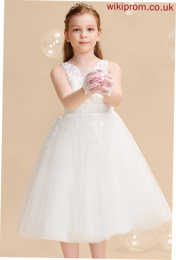 Jaslene Girl Dress - Flower Sleeveless Flower Girl Dresses Neck With Tea-length A-Line Tulle/Lace Beading/Flower(s) Scoop