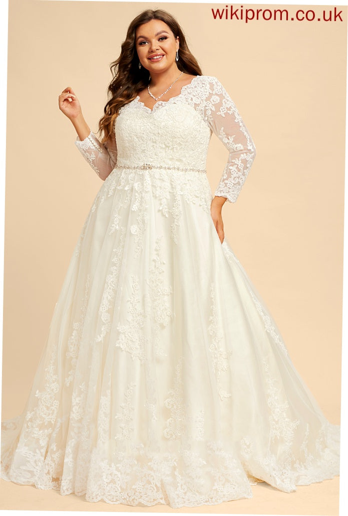 Wedding Dresses Chapel Ball-Gown/Princess Lace Sequins With Beading V-neck Train Wedding Alison Dress Tulle