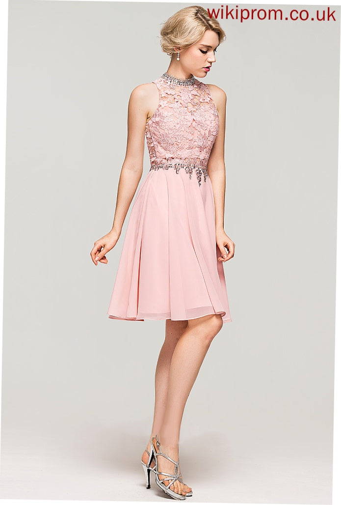 A-Line Homecoming With Sequins Chiffon Neck Dress Knee-Length Kelly Lace Homecoming Dresses Beading High