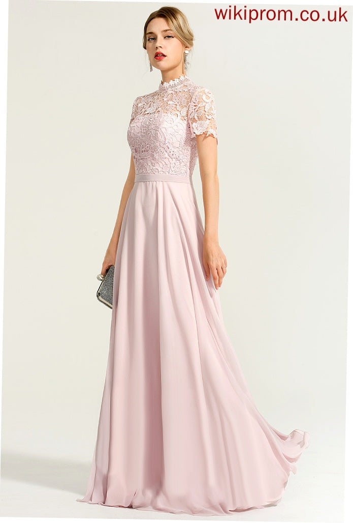 Floor-Length Chiffon Prom Dresses High With Lace Sequins Alisha Neck A-Line